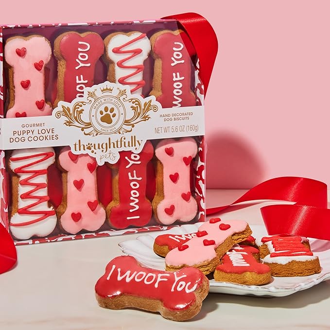 Thoughtfully Pets, Puppy Love Gourmet Dog Cookie Gift Set, Ginger Flavored Crunchy Dog Treats in Bone Shapes, Set of 8