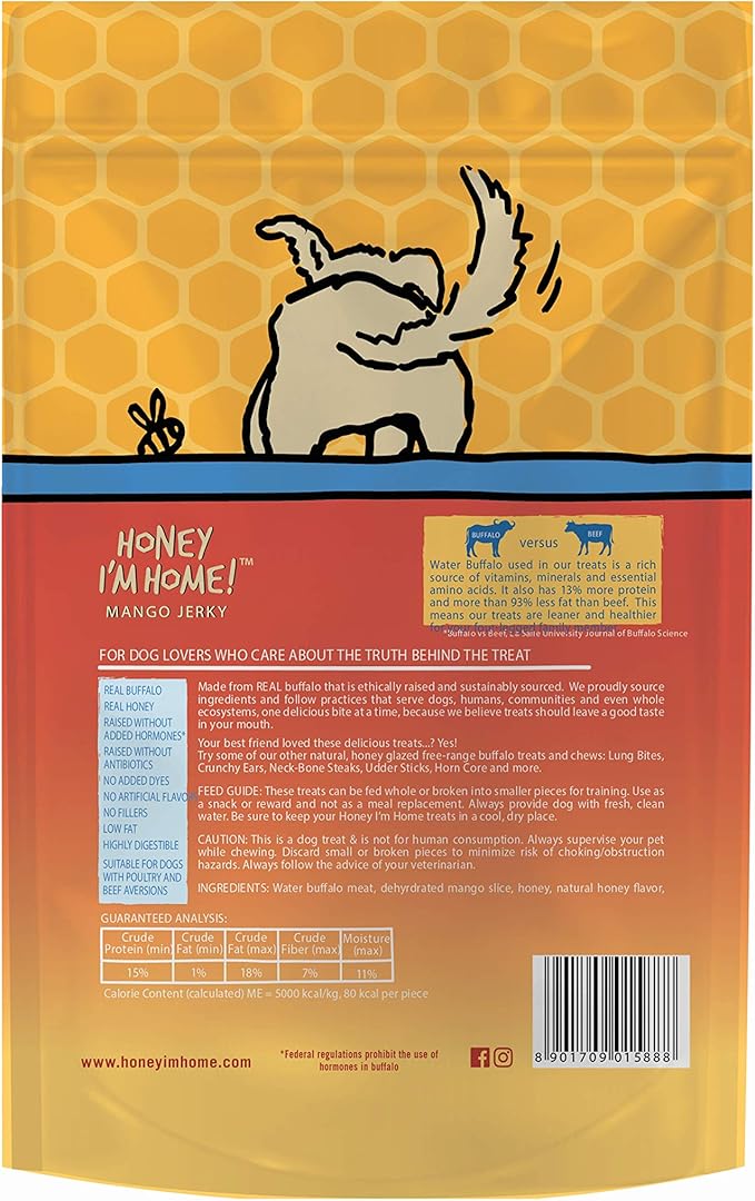 Honey I'm Home, Buffalo Wrapped Mango Jerky Dog Treats, 5.29 Ounces - All Natural, Free Range, Healthy, Grain Free, Honey Coated & Chewy