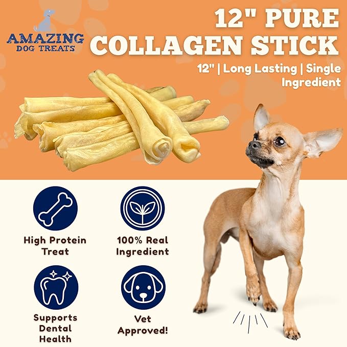 Amazing Dog Treats - Large Collagen Stick - (12 Inch - 50 Count) - Beef Cheek Rolls - 100% Pure Collagen Sticks