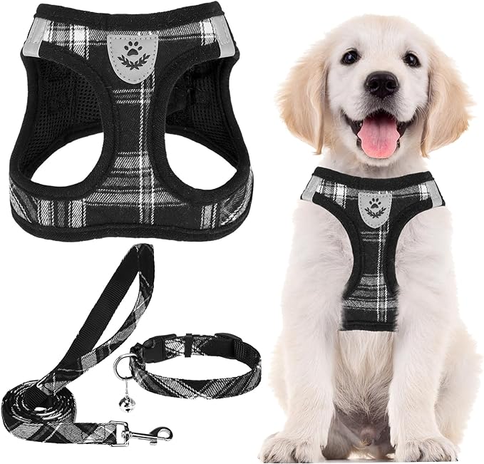 PUPTECK Adjustable Dog Harness Collar and Leash Set Step in No Pull Pet Harness for Small Medium Dogs Puppy and Cats Outdoor Walking Running, Soft Mesh Padded Reflective Vest Harnesses, Black S