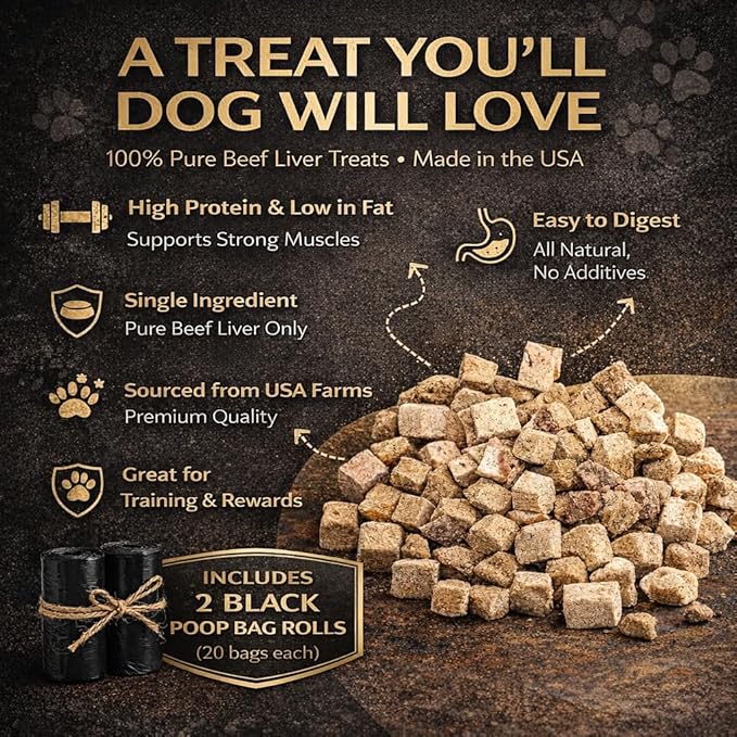 Okapi Freeze-Dried Beef Liver Dog Treats – 100% Single Ingredient, High-Protein Training Treats, Grain-Free, Made in USA + 1 Bonus Poop Bag Roll (20 Bags)