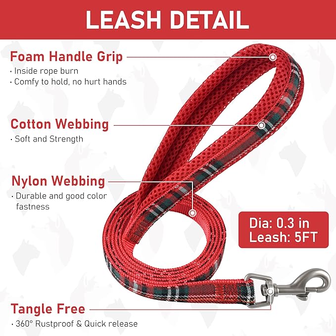 GAMUDA Small Dog Harness Collar and Leash Set, Step in No Chock No Pull Soft Mesh Adjustable Dog Vest Harnesses Plaid Reflective for Dogs Puppy Cats Kitten Rabbit (Red, XS)