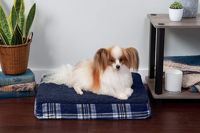 Furhaven Orthopedic Dog Bed for Small Dogs w/ Removable Washable Cover, For Dogs Up to 20 lbs - Sherpa & Plaid Flannel Deluxe Mattress - Midnight Blue, Small