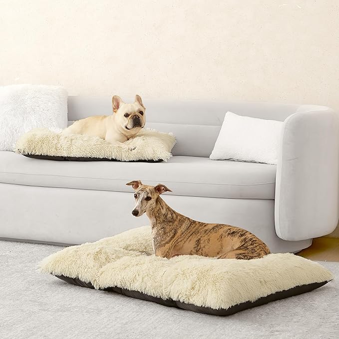 EHEYCIGA Fluffy Dog Crate Bed for Medium Dogs, Plush Faux Fur Crate Pad, Calming Anti Anxiety Medium Dog Bed, Washable Soft Warm Mat with Non-Slip Bottom, Ivory Beige