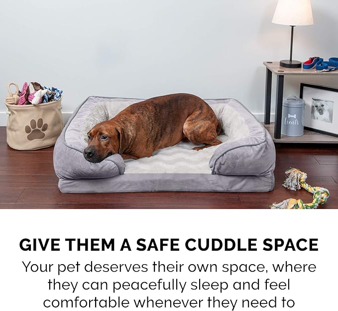 FurHaven Perfect Comfort Sofa Orthopedic Dog Bed for Large Dogs, Memory-Top Foam with a Solid Orthopedic Foam Base for Joint Support, Removable Washable Cover, Jumbo XL, Plush & Velvet, Granite Gray