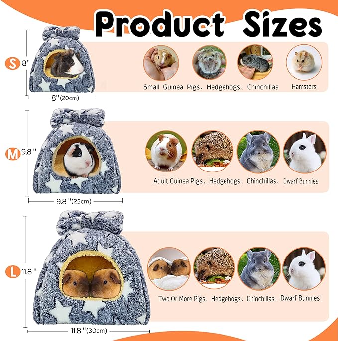 Guinea Pig Bed, Guinea Pig Warm Hideout House Accessories Cozy Bed for Small Animals Hamsters Chinchillas Dwarf Bunnies Hedgehogs. M, Grey Stars.
