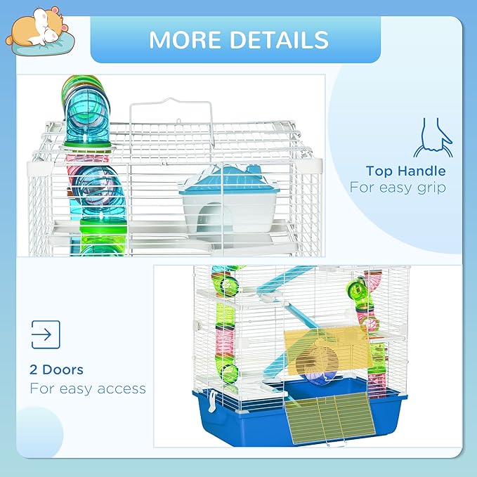 PawHut Extra Large 23" Hamster Cage with Tubes and Tunnels, Portable Carry Handles, Rat House and Habitats Big 5-Tier Design, Mouse Cage Includes Exercise Wheel, Water Bottle, Food Dish, Blue