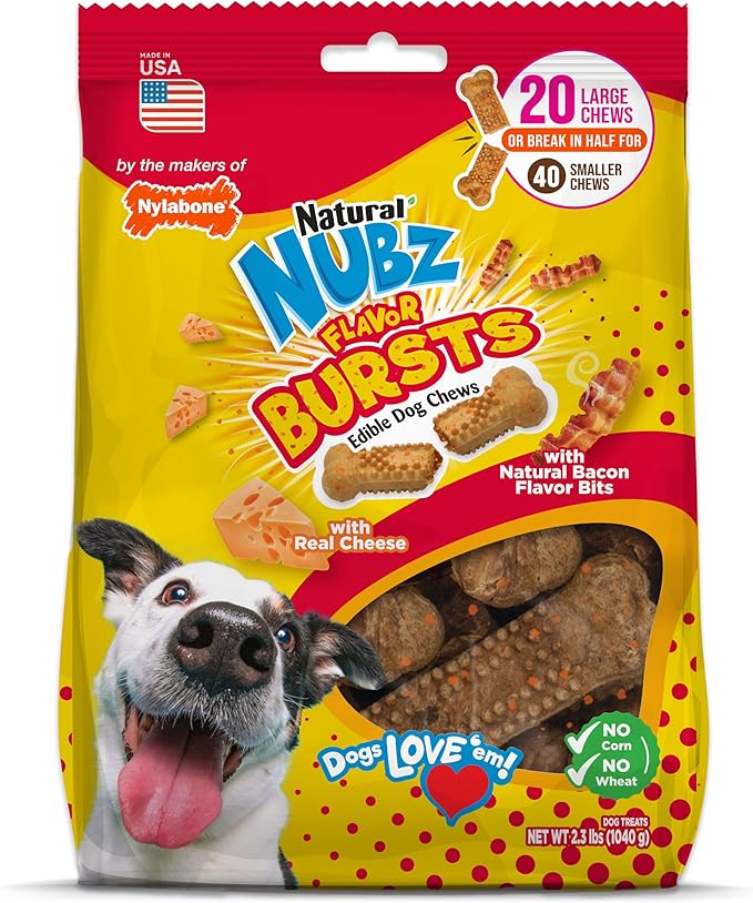 Nylabone Nubz Flavor Bursts Natural Dog Chews for Small Dogs, Long Lasting Chew Bones Made in the USA, Grain-Free Dog Treats, Bacon & Cheese Flavor, for Dogs Over 30 lbs. (20 Count)