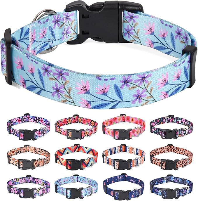 Dog Collars with Floral Print, Soft Comfortable Adjustable Collars for Small Medium Large Dogs, Floral Pattern for Girl Boy Dogs(Bicolor Flower,M)