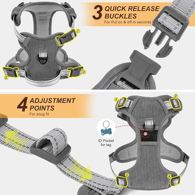 BEAUTYZOO No Pull Dog Harness Large, Adjustable Dog Harness and Leash Set -Easy Wearing with 3 Buckles/Control Handle,No Choke Soft Padded Reflective Pet Vest for Training Walking Hiking,Grey M
