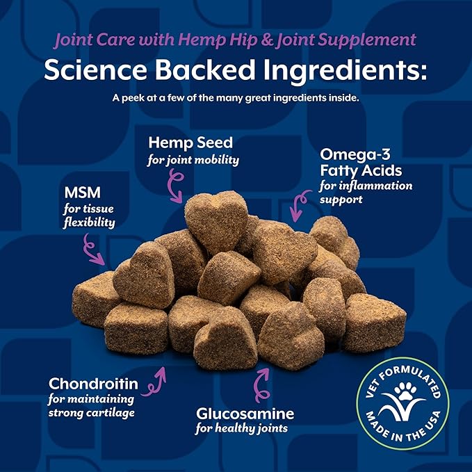 NaturVet Hemp Joint Health, Joint Care Support Supplement for Dogs, Soft Chews, 60ct Made in THE USA
