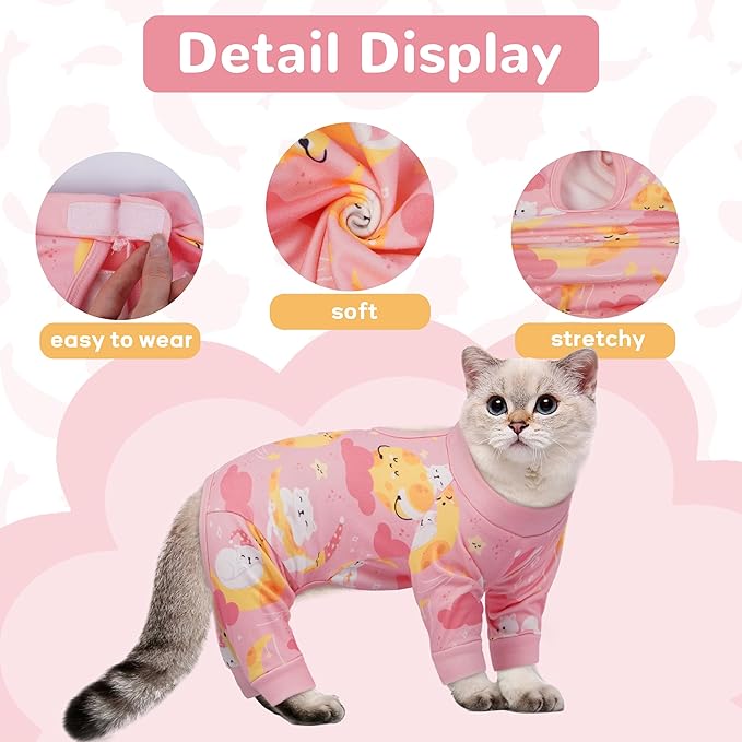 PUMYPOREITY Cat Hair Sticky Sweater, Stretchy 4-Leg Design for Fur Control, Recovery Suit - Breathable & Lightweight for Post-Surgery Protection, Cat Onsie Prevents Licking Wounds, Pink, 2XL