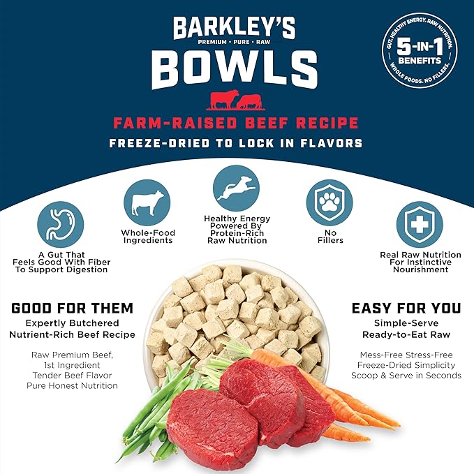 Barkley’s Bowls, Freeze-Dried Raw Beef Dog Food, Fresh Whole Food Ingredients with Farm-Raised Beef, Grain Free, High Protein for Balanced Nutrition, Dog Treats or Topper, 16 Oz Bag