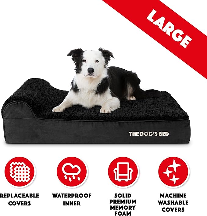 The Dog’s Bed Orthopedic Memory Foam Dog Bed with Headrest, Calming Surface – CertiPUR-Certified Foam, Plush Fabric, Black Plush, Large, 6-Inch