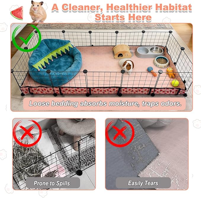 Waterproof Guinea Pig Cage Liners, Washable & Reusable Small Animal Cage Mat, for Rabbit, Hamster, Chinchilla, Hedgehog (Watermelon),C&C 24x72 inches