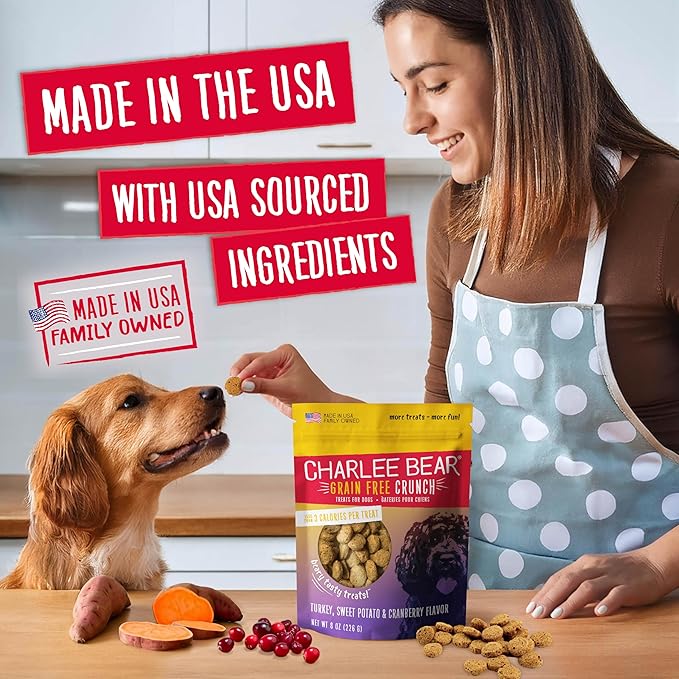 Charlee Bear Crunchy Dog Training Treats, Low Calorie (3 Kcal), Grain Free Natural Mini Dog Treats for Puppies, Small, Medium & Large Dogs, USA Made, Healthy 3 Flavor Variety Pack 8oz (6-Pack)