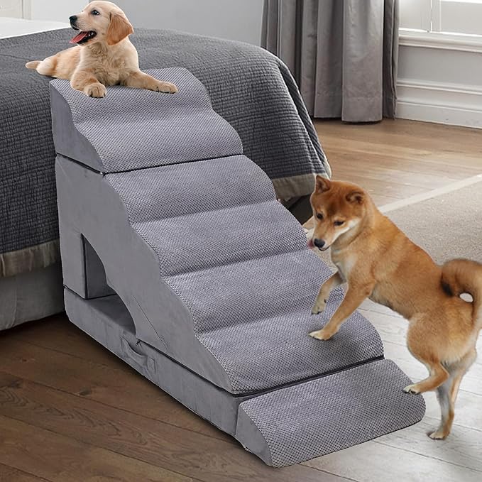7-Step Dog Stairs for High Beds 30-36 inches, Dog Steps for High Bed Couch, Tall pet Stairs for high beds for Small, Older Pets, Non-Slip Balanced Pet Ramp Indoor, Grey