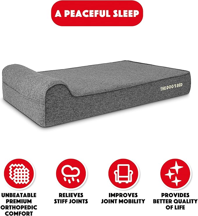 The Dog’s Bed Orthopedic Memory Foam Dog Bed with Headrest, Calming Surface – CertiPUR-Certified Foam, Linen Fabric, Grey Linen, XL, 6-Inch