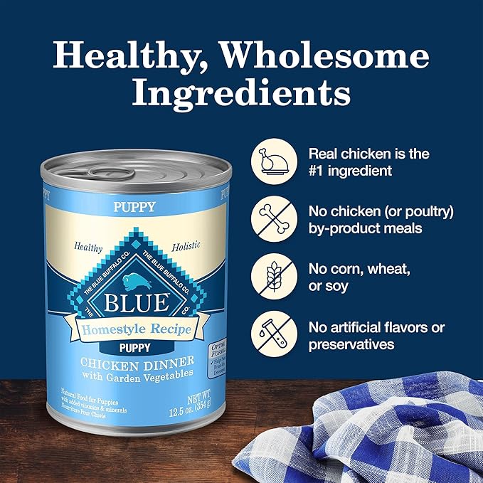 Blue Buffalo Homestyle Recipe Puppy Wet Dog Food, Made with Natural Ingredients, Chicken Dinner with Garden Vegetables & Brown Rice, 12.5-oz Cans, 12 Count (Pack of 2)