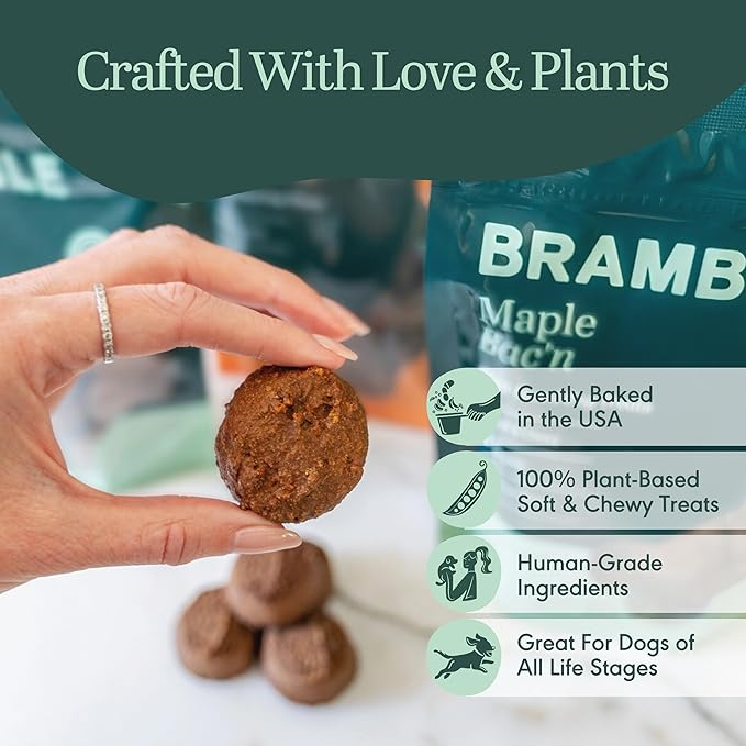 BRAMBLE Vegan Dog Treats. Plant-Based Treats for Dogs, Made with Real Ingredients, Soft & Chewy Dog Cookies. Wheat-Free. Maple Bac'n. 8 oz