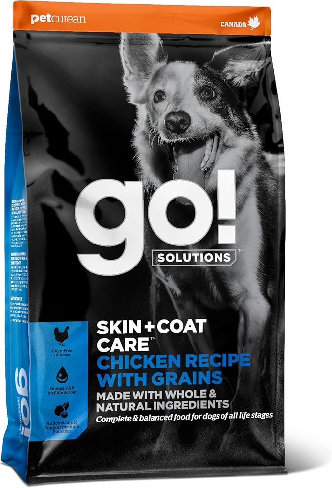 Go! Solutions Skin + Coat Care Chicken Dry Dog Food with Grains, Healthy Kibble with Omega-3s & 6s for Soft, Shiny Fur, for Puppies, Adults, & Seniors, 3.5 lb Bag