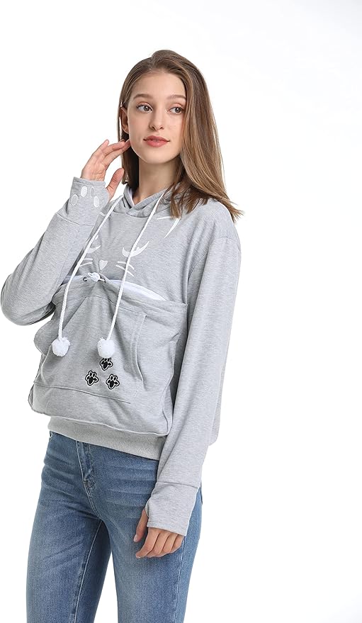 ALYC Unisex Hoodies Pet Holder Cat Dog Kangaroo Pouch Carries Pullover with Cat Printing Sweatshirt (Light Grey, S)