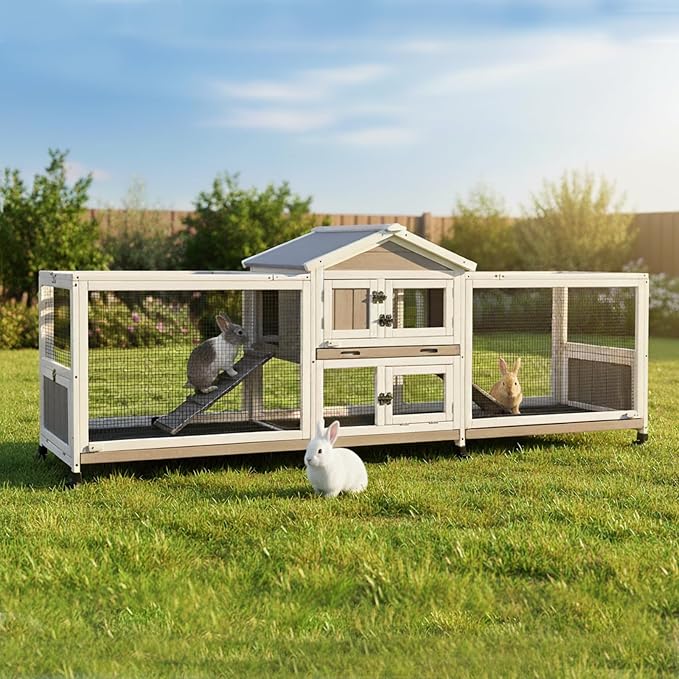Large 2-Story Outdoor Rabbit Hutch with Wheels, Weatherproof Wooden Bunny Cage with Double Runs, 4 Pull-Out Leak-Proof Trays, 2 Anti-Chew Metal Frame Ramps, Waterproof Roof, Small Animals Cage