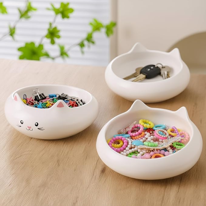 Cat Bowls, Cat Food Bowl with Ears, Ceramic Cute Kitten Water Bowl 7.1oz, Slanted Kitten Feeding Dish 6.5 inch, Whisker Fatigue Friendly, Adorable and Multi-Use Gift for Girls