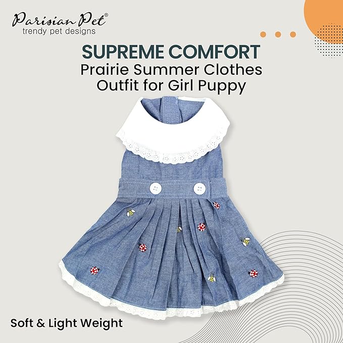 Parisian Pet Dog Overall Dress - Spring Summer Clothes for Small Dogs Girl - Floral Denim Pet Dress - Stylish Dog Outfit - Lightweight and Breathable Puppy Clothes - Sleeveless Dresses for Dogs