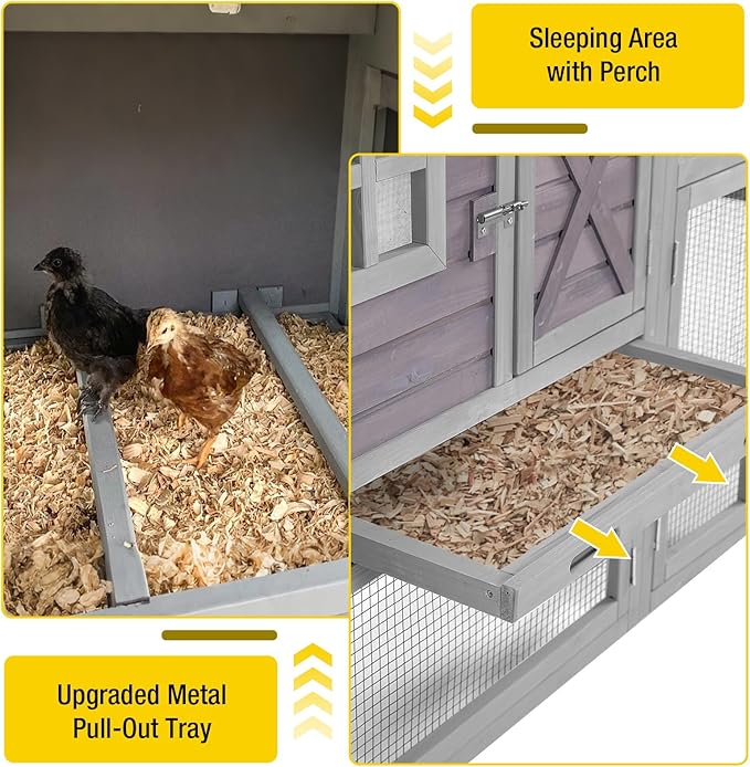Chicken Coop Outdoor Wooden Poultry Cage with Waterproof Roof, Nesting Box, Pull Out Tray, Mobile Hen House for 2 4 Chickens, Large Chicken Tractor with Wheels (Grey)