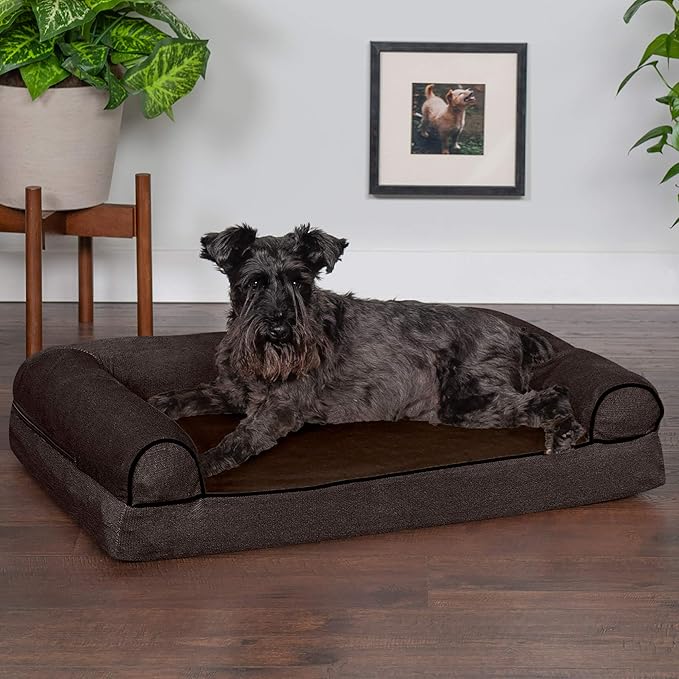 Furhaven Memory Foam Dog Bed for Medium/Small Dogs w/ Removable Bolsters & Washable Cover, For Dogs Up to 35 lbs - Sherpa & Chenille Sofa - Coffee, Medium