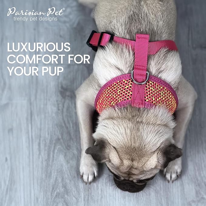Parisian Pet Girl Dog Harness - Breathable Mesh Pink Yellow No Pull Puppy Harness with Leash Ring - Adjustable Harnesses for Dogs - Soft Step-in Pet Vest - Lightweight Dog Vests for Medium Sized Dogs