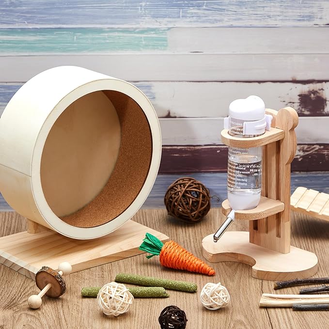 2 Pcs S, 7.9 Inch Wooden Hamster Wheel Silent Exercise Wheel with Water Bottle Stand Stable Running for Dwarf Hamster Gerbil Mouse Small Animal Cage Accessories