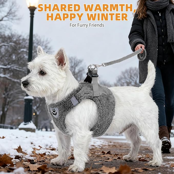 KOOLTAIL Plush Small Dog Harness and Leash Set, Warm Fleece No Pull Puppy Vest for Winter, Lightweight Reflective Step in Pet Harness for Medium Sized Dogs Boy Girl Outdoor Walking Cute Soft, Gray S