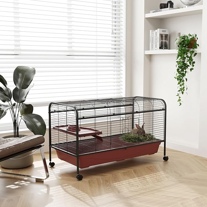 PawHut 48" L Small Animal Cage, Rabbit Hutch, or Ferret Pet Play House with Feeder, Rolling Wheels, Platform, Ramp
