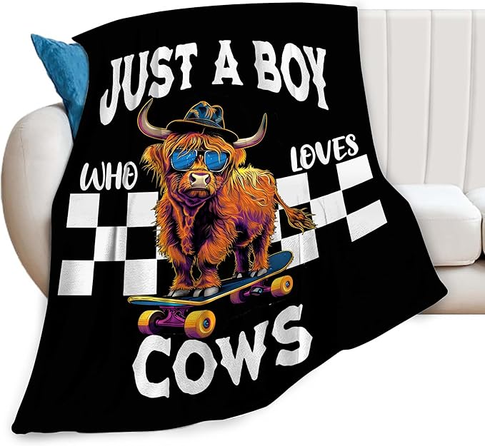 Just A Boy Who Love Cows Blanket Funny Highland Cows Decor Throw Blanket Gifts for Girls Boys Super Warm Soft Plush Fleece Flannel Cattle Blanket Couch Bedding Blanket for Adults Kids Women 50"X40"