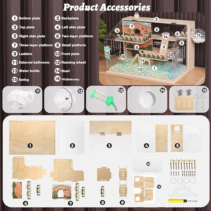 12 in 1 Large Wooden Hamster Cage with All Accessories, 24"*15.8"*15.8" 3-Layer Dwarf Hamster Cage Acrylic,Pastoral Style Mouse Cage for Pet Mice, Hedgehog, with Stairs, Fences and House