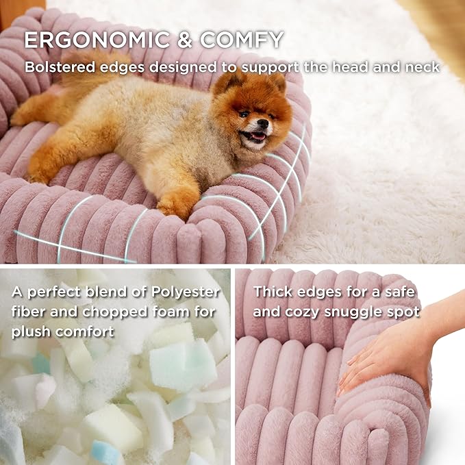 Bedsure ComfyFleece™ Washable Dog Bed for Medium Dogs - Cute Furry Puppy Beds, Rectangle Orthopedic Corduroy Fleece Pet Beds with Removable Zipper Cover, 30x24x8inches, Blush Pink