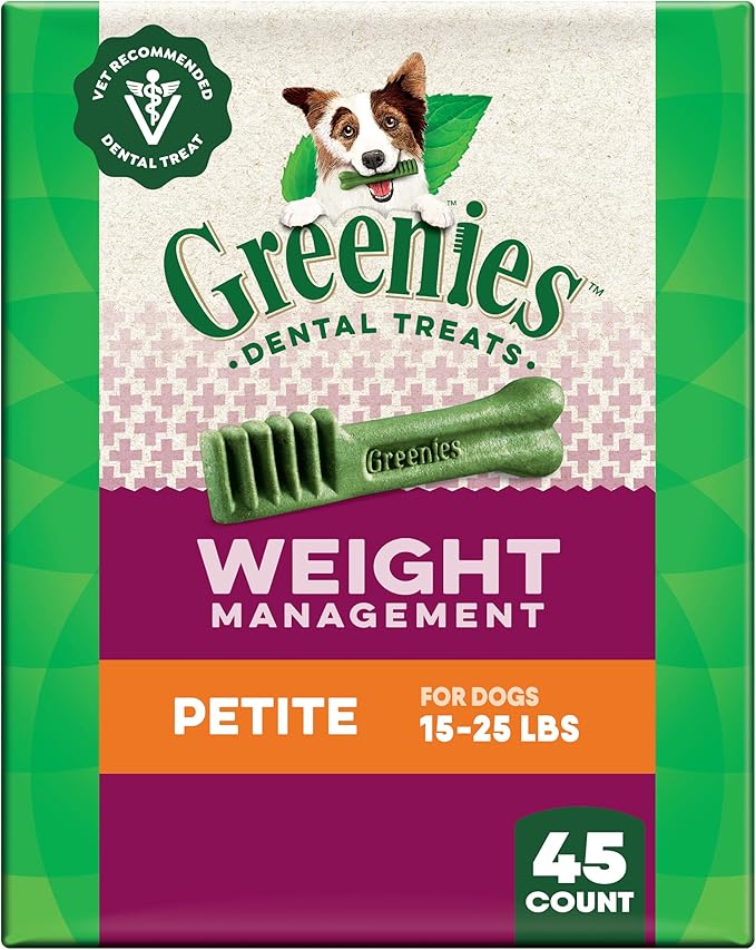 Greenies Veterinarian-Recommended Adult Natural Dental Dog Treats Petite Size, Weight Management Dog Dental Chews, 27 oz. Pack, 45 Count