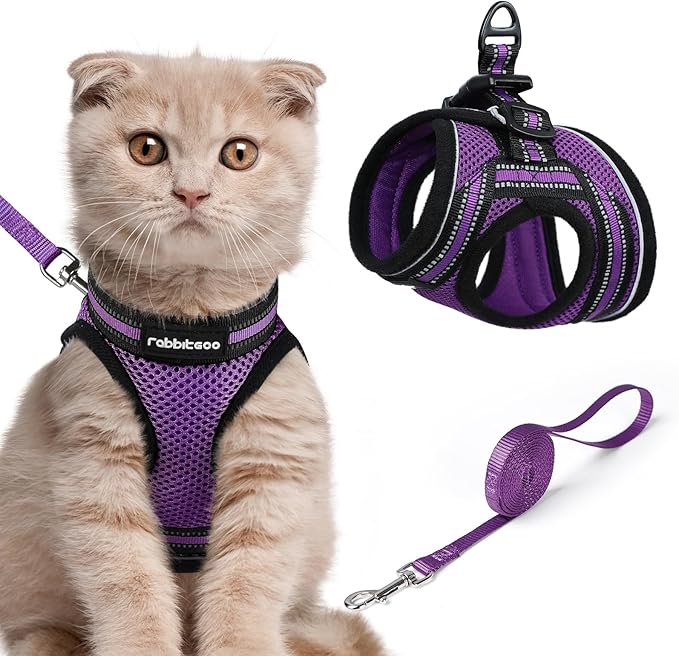 rabbitgoo Cat Harness and Leash Set for Walking Escape Proof, Adjustable Soft Kittens Vest with Reflective Strip for Cats, Comfortable Outdoor Vest, Purple, L