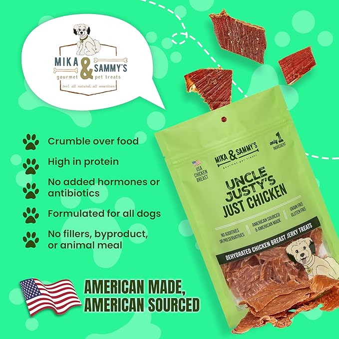 Gourmet Chicken Jerky Dog Treats - Natural, Nutritious and Tasty Made in USA only, Cage-Free Chicken, No Additives (Mika & Sammy's Uncle Justy's 12 oz)