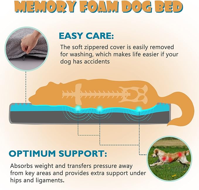 WATANIYA PET Memory Foam Large Dog Bed, Orthopedic Dog Beds for Large Dogs, Washable Cooling Pet Mat for Crate with Joint Relief Memory Foam (Light Grey)