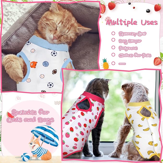 Nuanchu 3 Pieces Cat Recovery Suit Kitten Recovery Suit E-Collar Alternative for Cats and Dogs Abdominal Skin Anti Licking Pajama Clothes Sets(Small,Strawberry Style,Colorful)