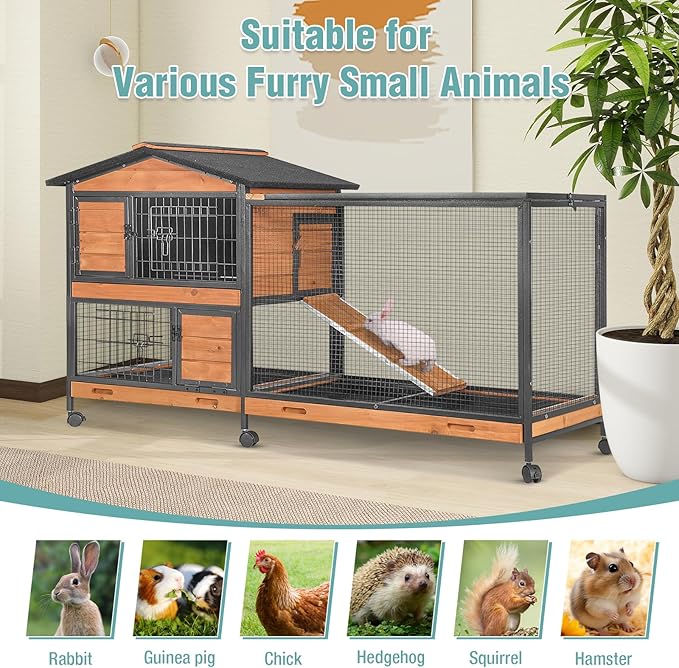 Suumerpety 2-Story Rabbit Cage with Chew-Proof Metal Frame for Indoor/Outdoor - 62" Bunny Hutch Guinea Pig Cages with 6 Locking Wheels & 2 Removable Trays for Rabbits/Guinea Pigs