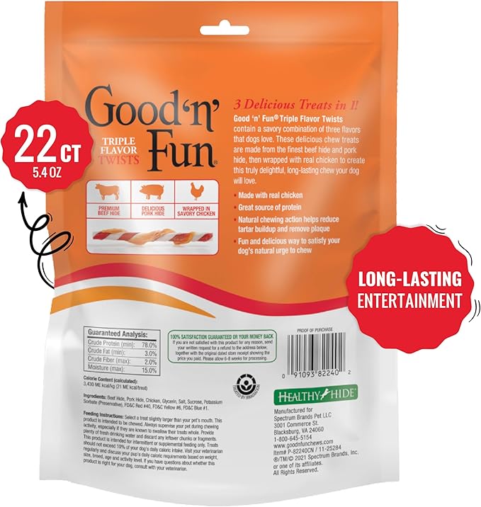 Good 'N' Fun Triple Flavor Twist Rawhide Treats for Dogs, 22 Count (7 Pack)