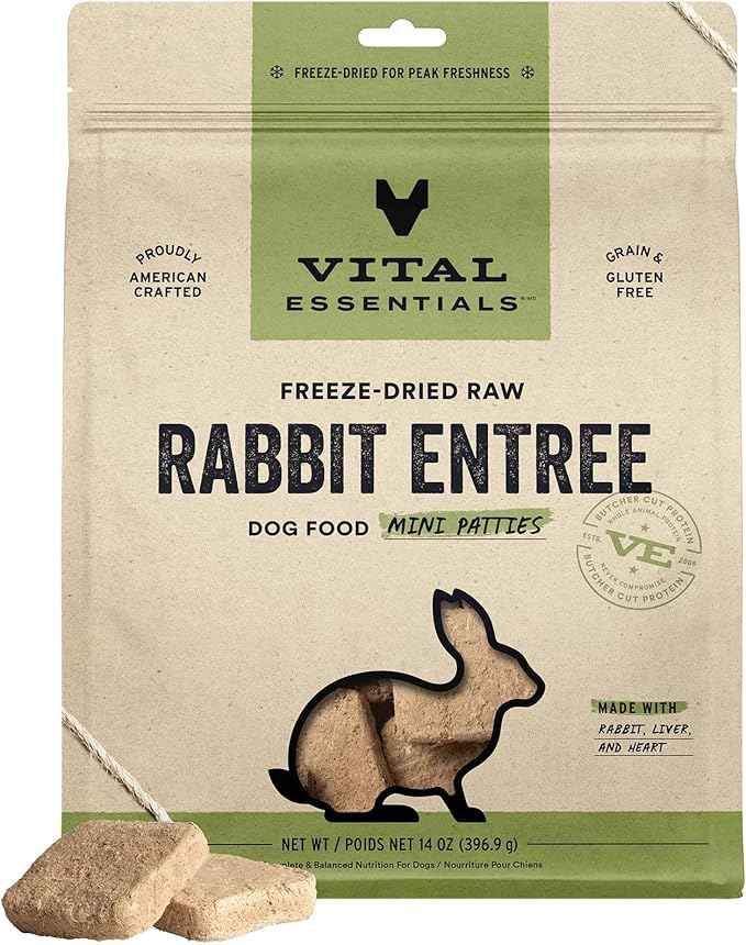 Vital Essentials Freeze Dried Dog Food, Raw Rabbit Mini Patties | Complete Meal or Topper | High Protein, Grain Free Dry Dog Food | 14 oz Bag