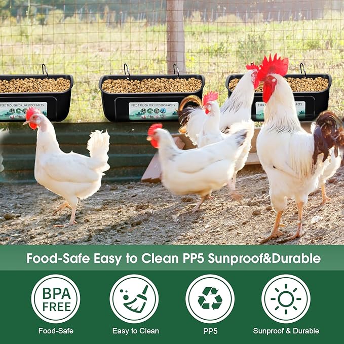 PIREKZUNT 6 Pack Chicken Duck Feeder, Poultry Feeders and Waterers, Hanging Goat Feeder, Livestock Feeding Container, Feed Trough and Waterer Bucket with Clips(Black)