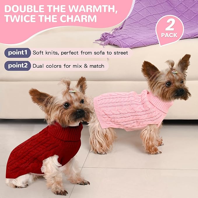2 Pack Dog Sweaters for Small Dogs Winter Turtleneck Pullover Cable Knit Fleece Stretch Puppy Doggie Chihuahua Toy Poodle Yorkie Pomeranian Boy Girl Pet Clothes (XS, Pink & Red)