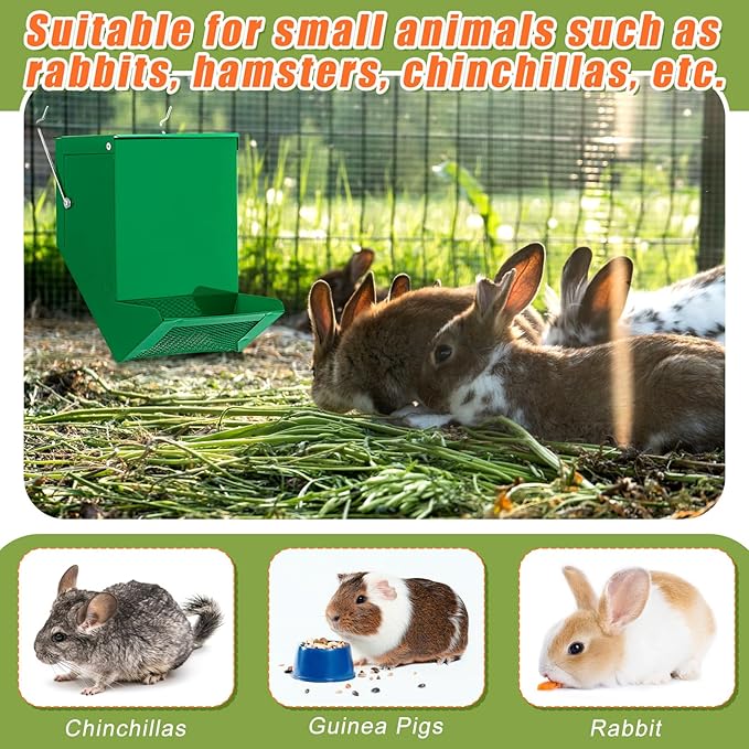 Maxcheck 2 Pcs Rabbit Feeder for Cages Small Animal Food Pellet Dispenser with Lid Metal Chicken Grit Oyster Shell Squirrel Feeders Outside(4.7 Inches,Mesh Bottom,Green)