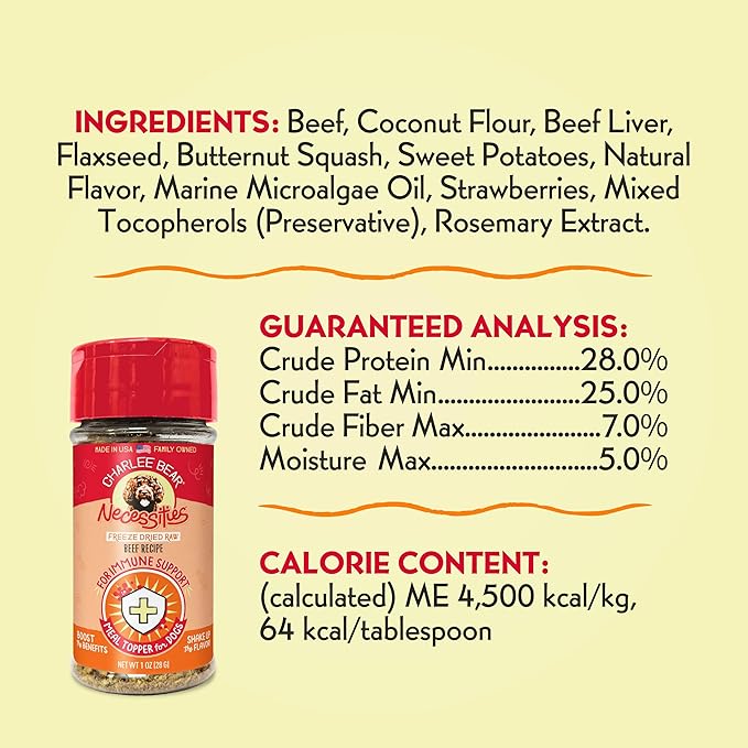 Charlee Bear Necessities Freeze Dried Dog Food Topper, Immune Health Support, Grain Free, High Protein, Limited Ingredient Meal Toppers for Dogs, Beef Recipe, 1 Ounce
